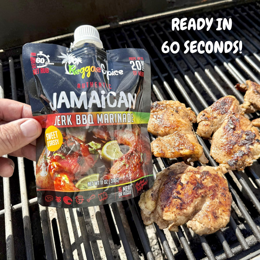 Reggae Spice pouring marinade onto grilled chicken, quick seasoning for juicy results
