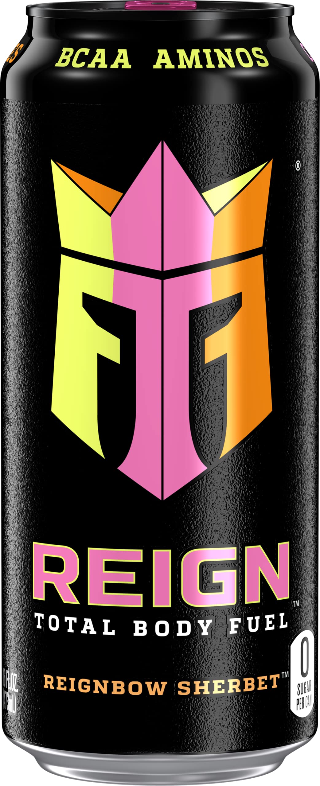 Reign can angled to show label details and 300mg caffeine highlight
