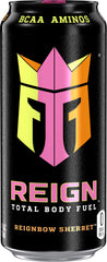 Reign can angled to show label details and 300mg caffeine highlight