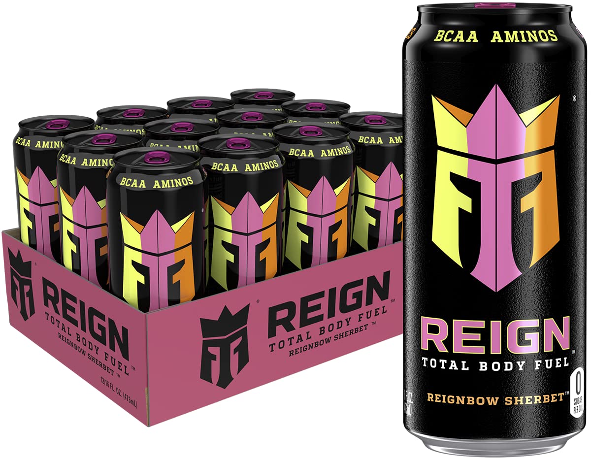 Reign Reignbow Sherbet front packaging showing vibrant can and zero sugar benefit