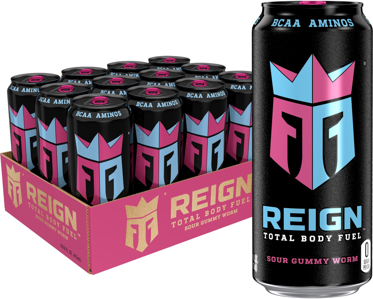 REIGN can front packaging showing sour gummy worm flavor and serving suggestion benefit
