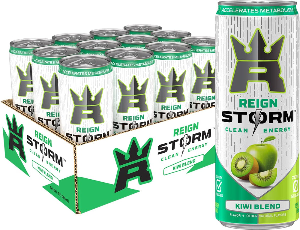 REIGN Storm front can showing kiwi-green apple label and energizing appeal