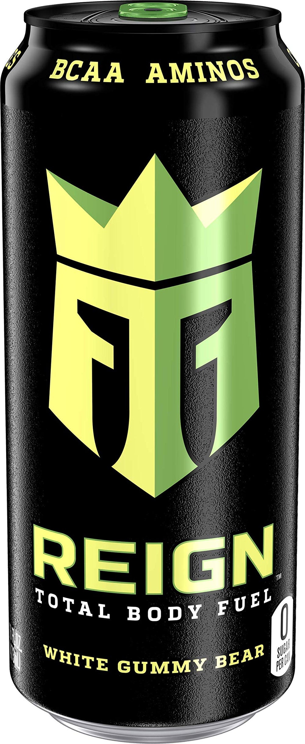 Reign White Gummy Bear close-up of can texture highlighting label details