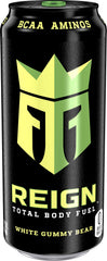 Reign White Gummy Bear close-up of can texture highlighting label details