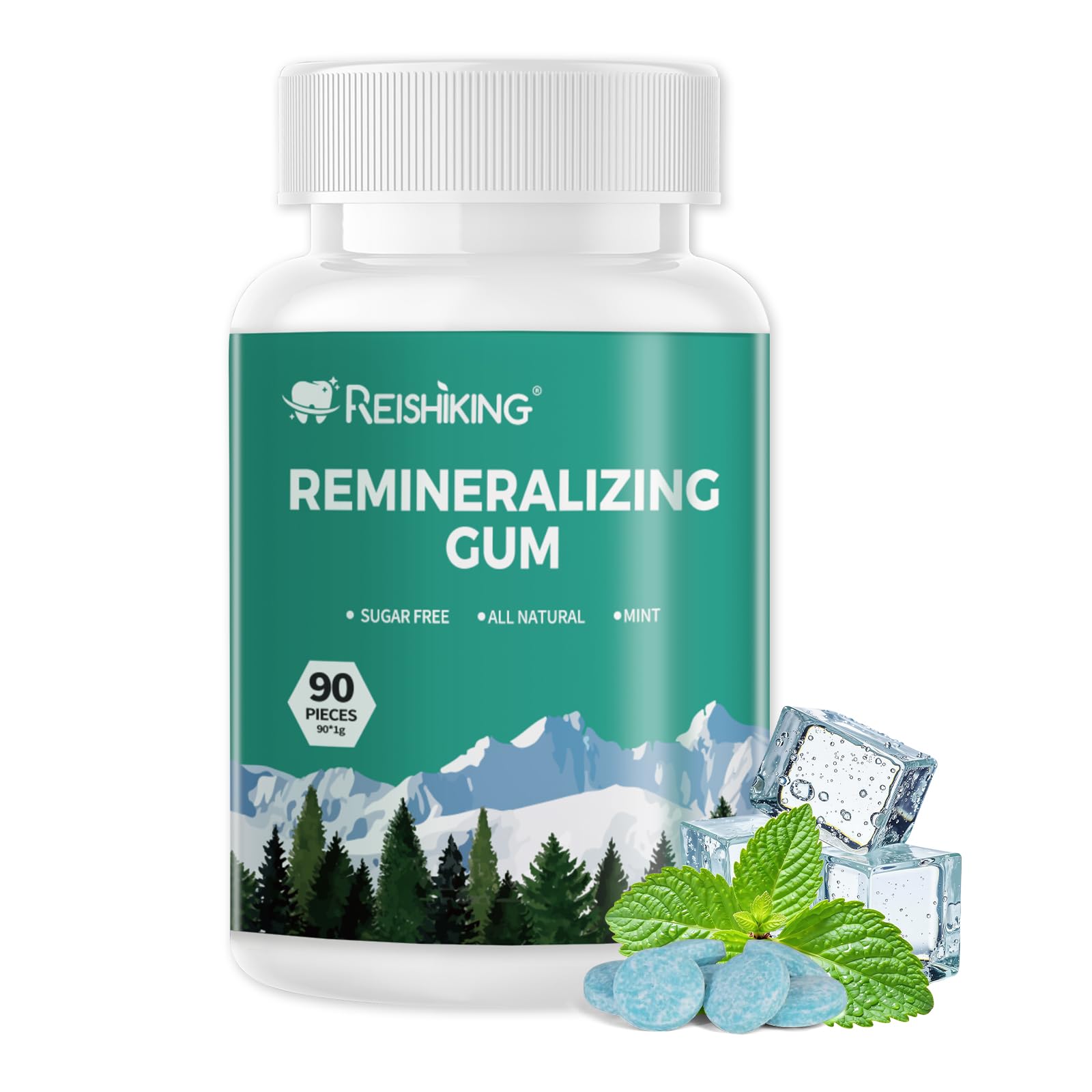 REISHIKING front packaging showing 90-piece mint gum and benefits