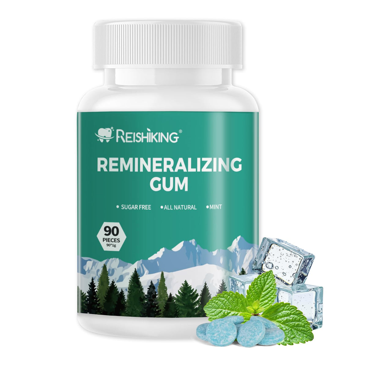 REISHIKING front packaging showing 90-piece mint gum and benefits
