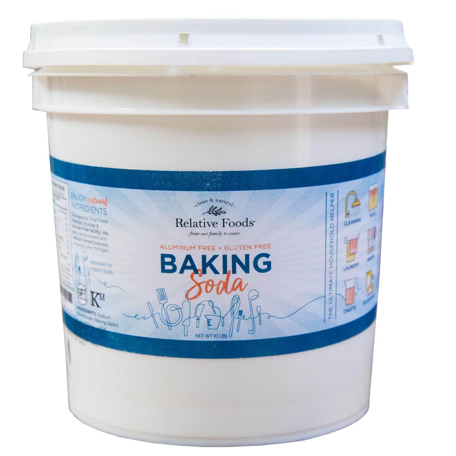 Relative Foods 10 lb pail front view showing label and size, convenient storage benefit