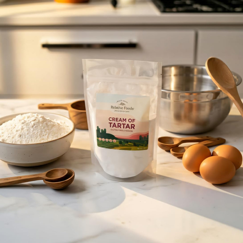 Relative Foods jar on kitchen counter in baking scene showing pantry-ready benefit