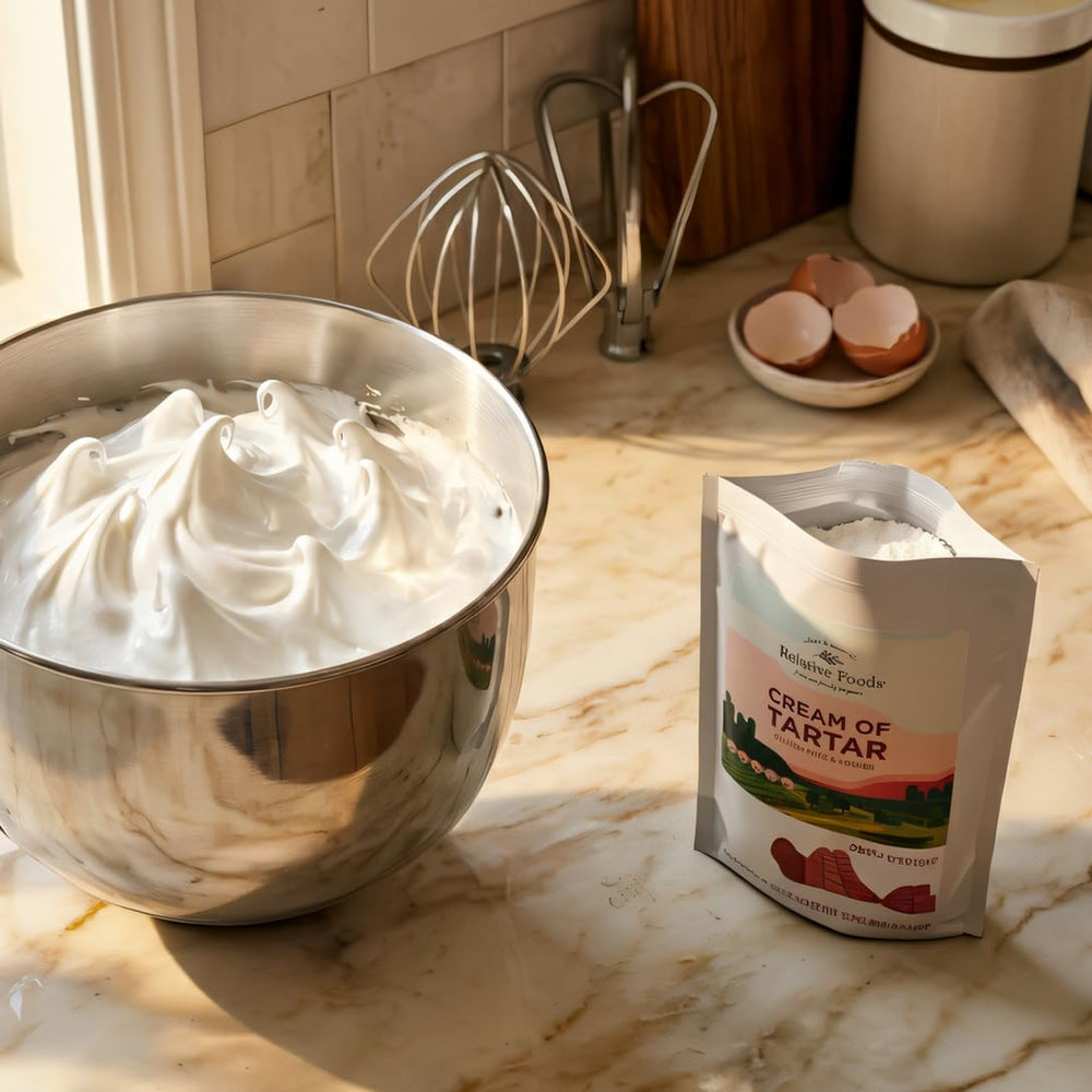 Relative Foods jar beside tablespoon for scale showing 1 lb supply benefit