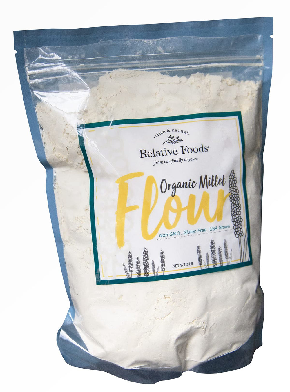 Relative Foods front packaging showing 3 lb bag and gluten-free label benefit