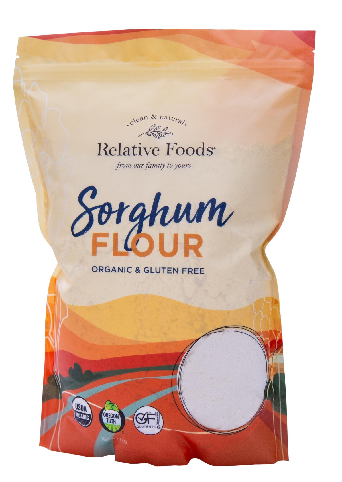 Relative Foods front packaging of sorghum flour, clear labeling and organic benefit