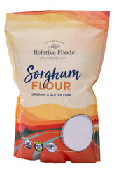 Relative Foods front packaging of sorghum flour, clear labeling and organic benefit