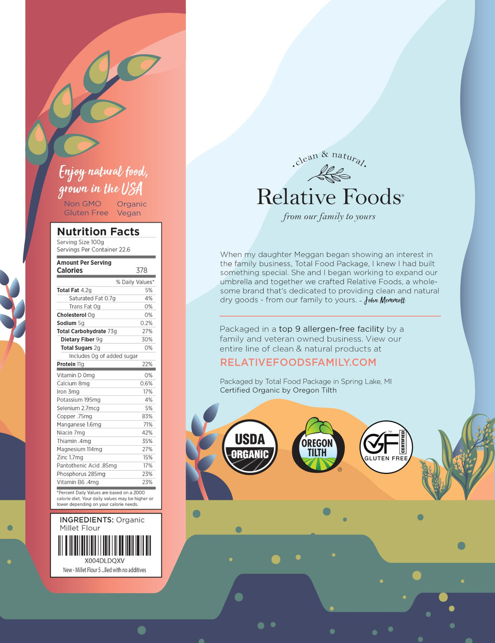 Relative Foods close-up of fine millet flour texture highlighting smooth milling for baking