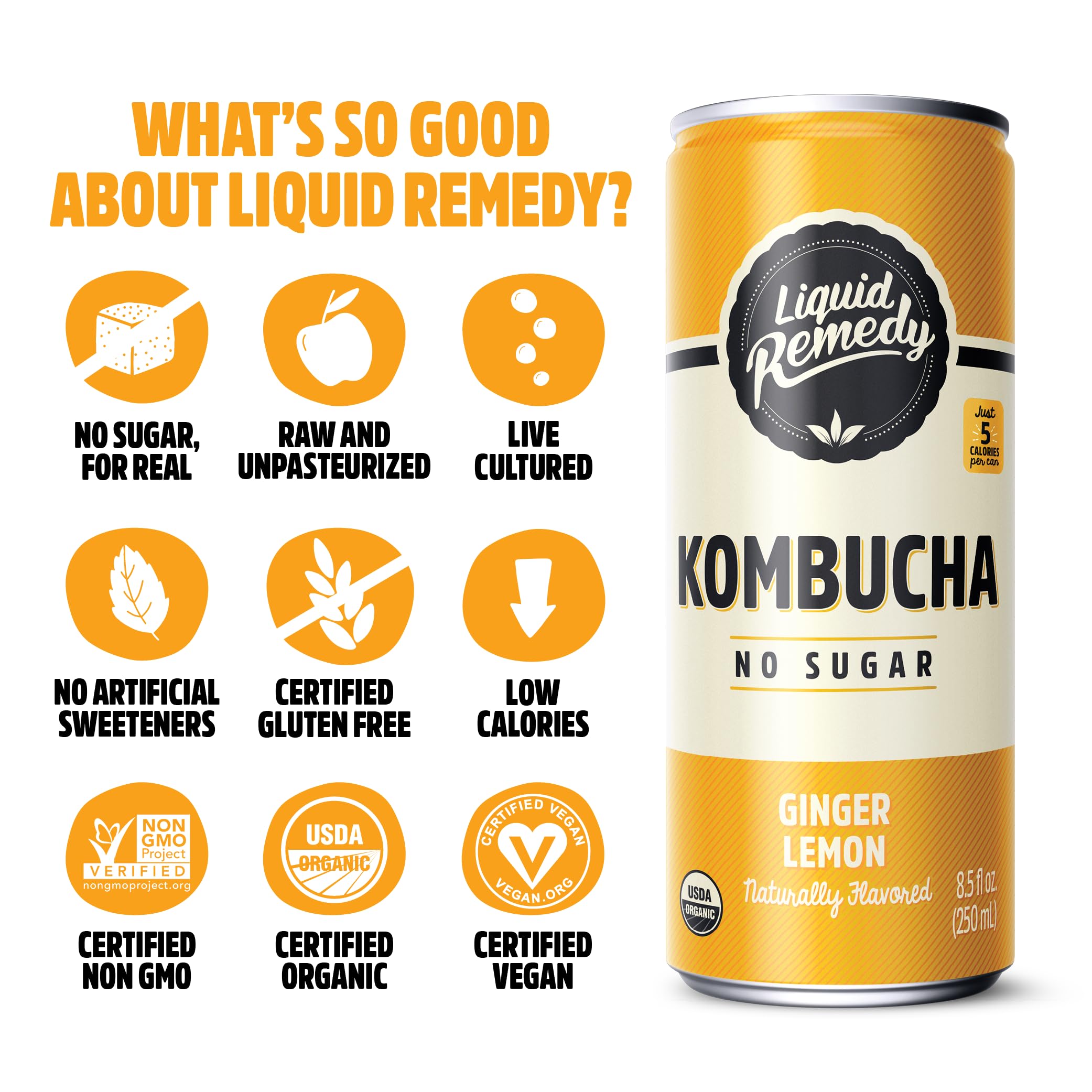 Remedy close-up of can label highlighting organic ingredients and sugar-free benefit
