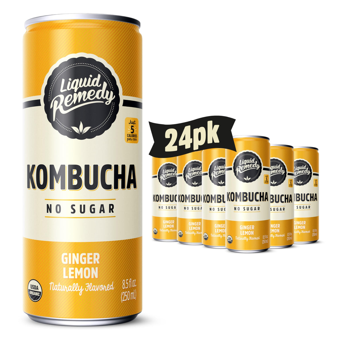 Remedy can front packaging showing ginger lemon flavor and organic badge for quick selection