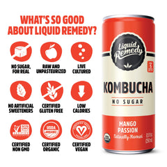 Remedy pouring Mango Passion into glass shows fizzy texture and refreshing appearance
