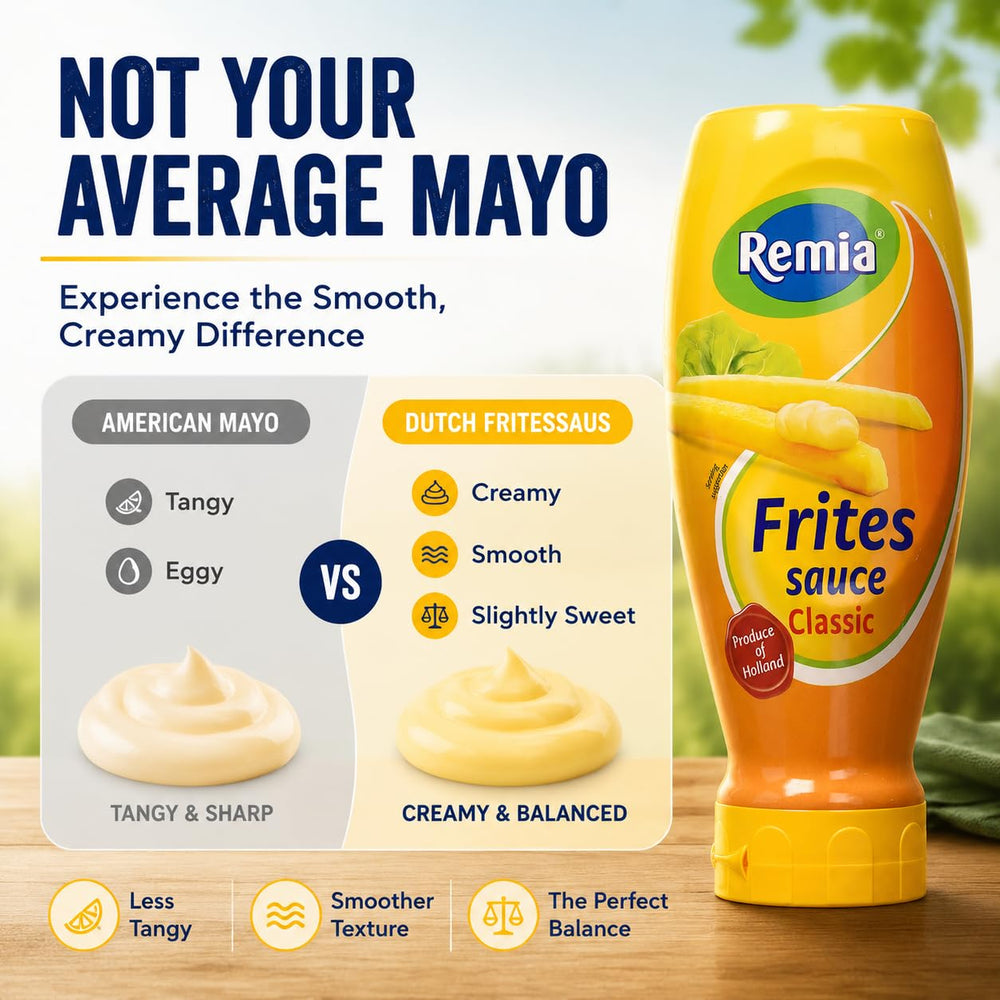Remia sauce being poured onto fries to enhance flavor and visual appeal benefit