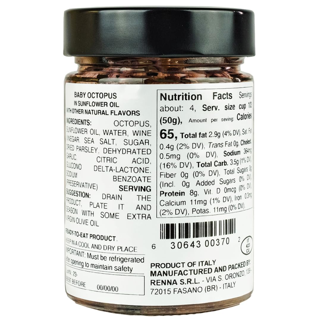 Renna open jar top view with visible baby octopus and oil