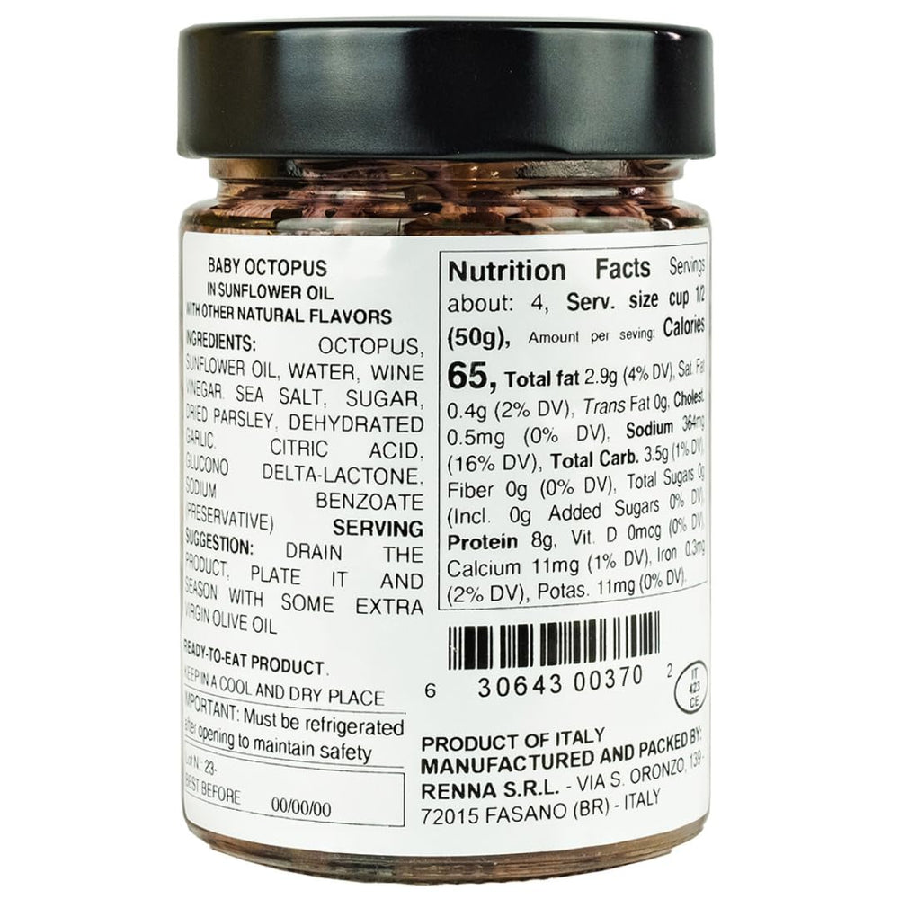 Renna open jar top view with visible baby octopus and oil