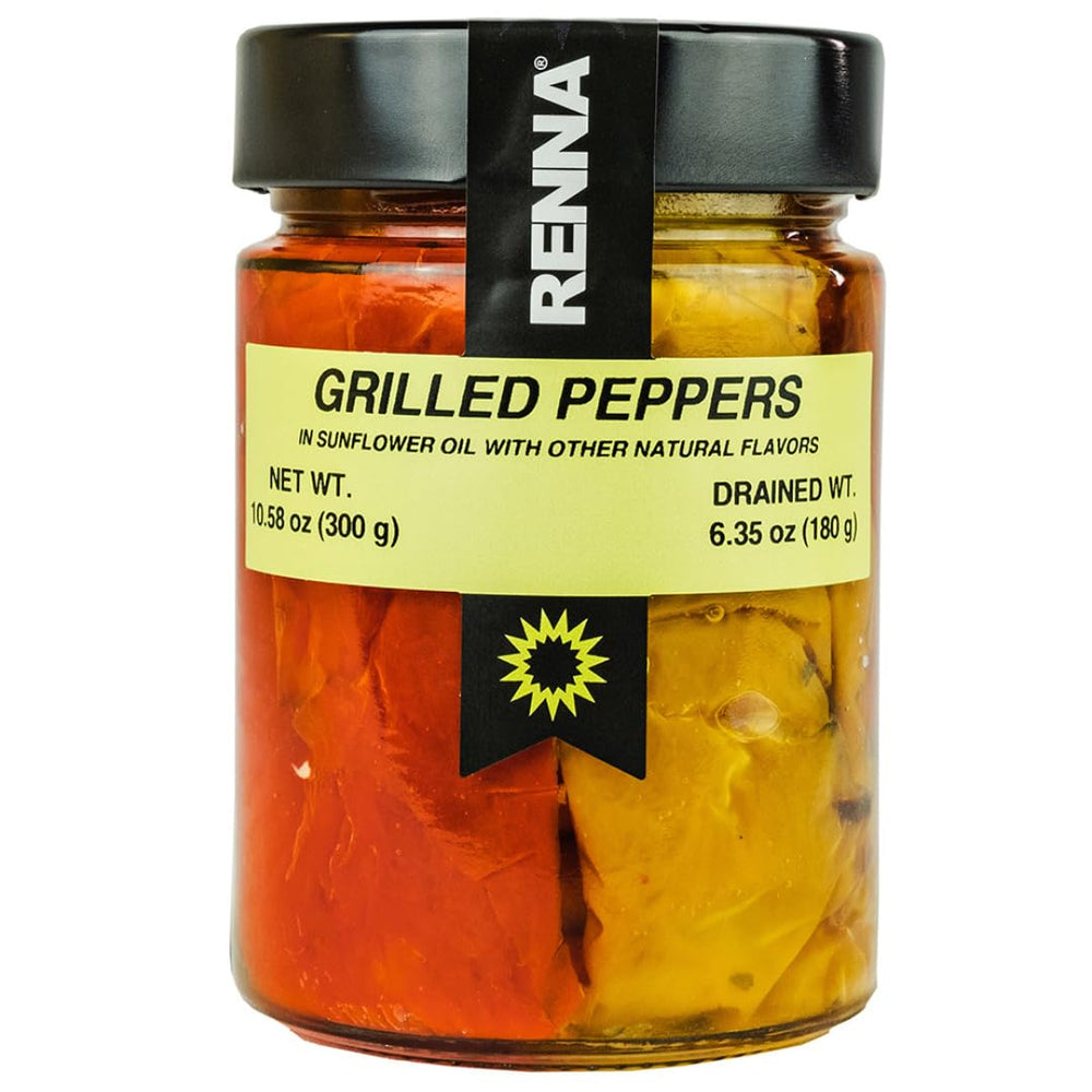 Renna jar front packaging showing grilled peppers and Mediterranean appeal
