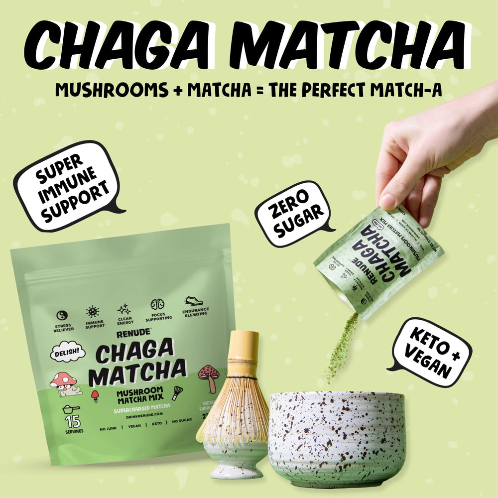 Renude single packet opened to reveal pre-measured matcha mushroom powder for convenience