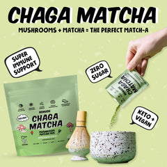 Renude single packet opened to reveal pre-measured matcha mushroom powder for convenience