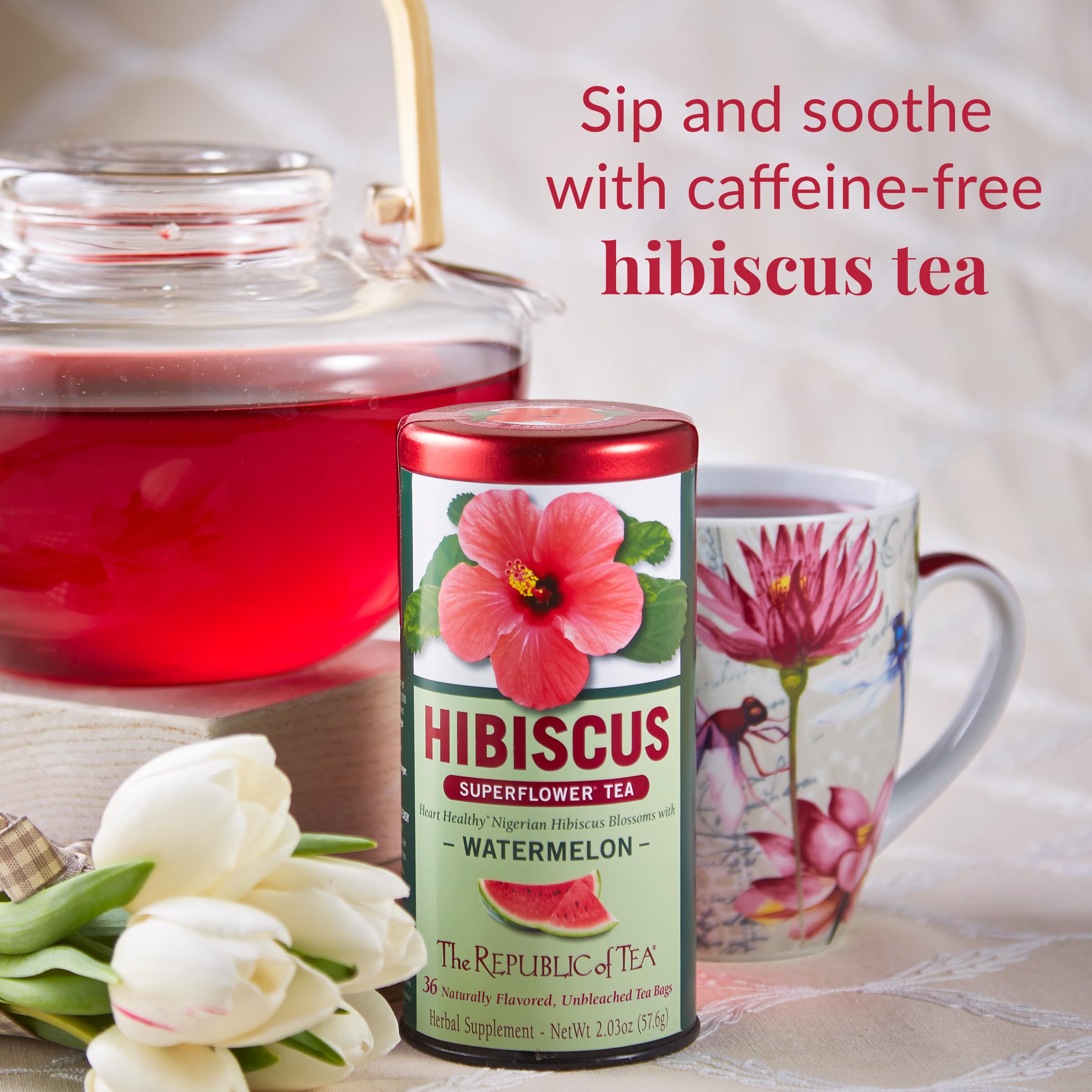 Glass of iced Hibiscus Watermelon tea by The Republic of Tea for cooling refreshment