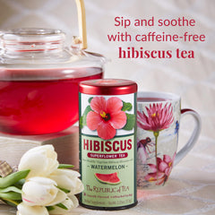 Glass of iced Hibiscus Watermelon tea by The Republic of Tea for cooling refreshment
