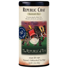 The Republic of Tea front packaging showing 50-count chai tea, clear branding and bold spice imagery