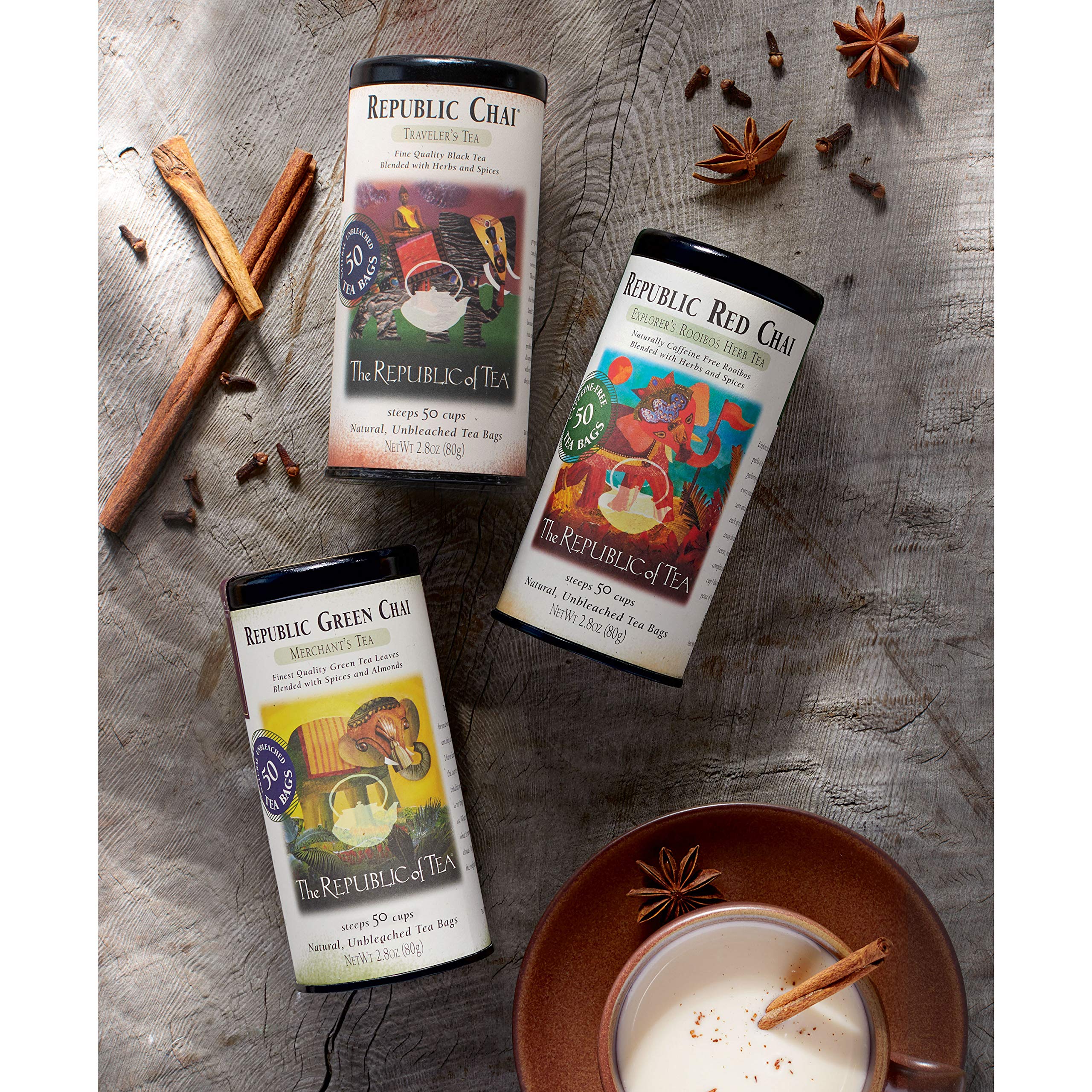 Breakfast table with The Republic of Tea chai, milk and honey, conveying cozy morning ritual and versatility