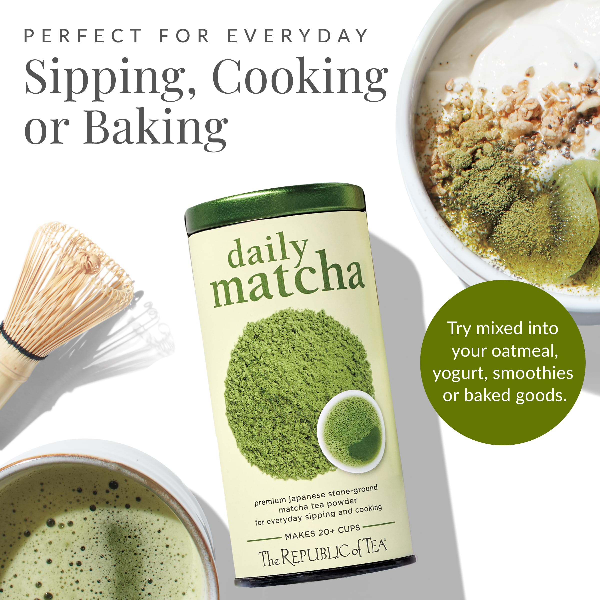 The Republic of Tea matcha whisked in a bowl creating froth for smooth drinking