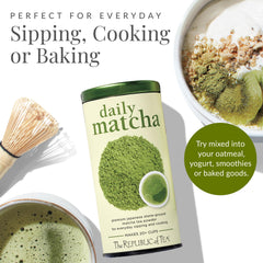 The Republic of Tea matcha whisked in a bowl creating froth for smooth drinking