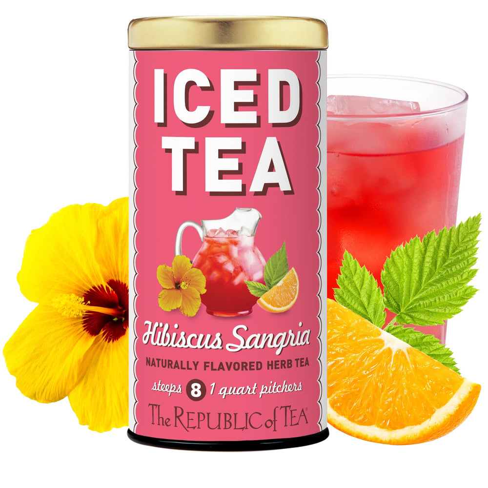 The Republic of Tea front packaging showing hibiscus sangria pouches and benefit convenience