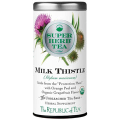 The Republic of Tea front packaging showing 36-count milk thistle tea, clear labeling advantage
