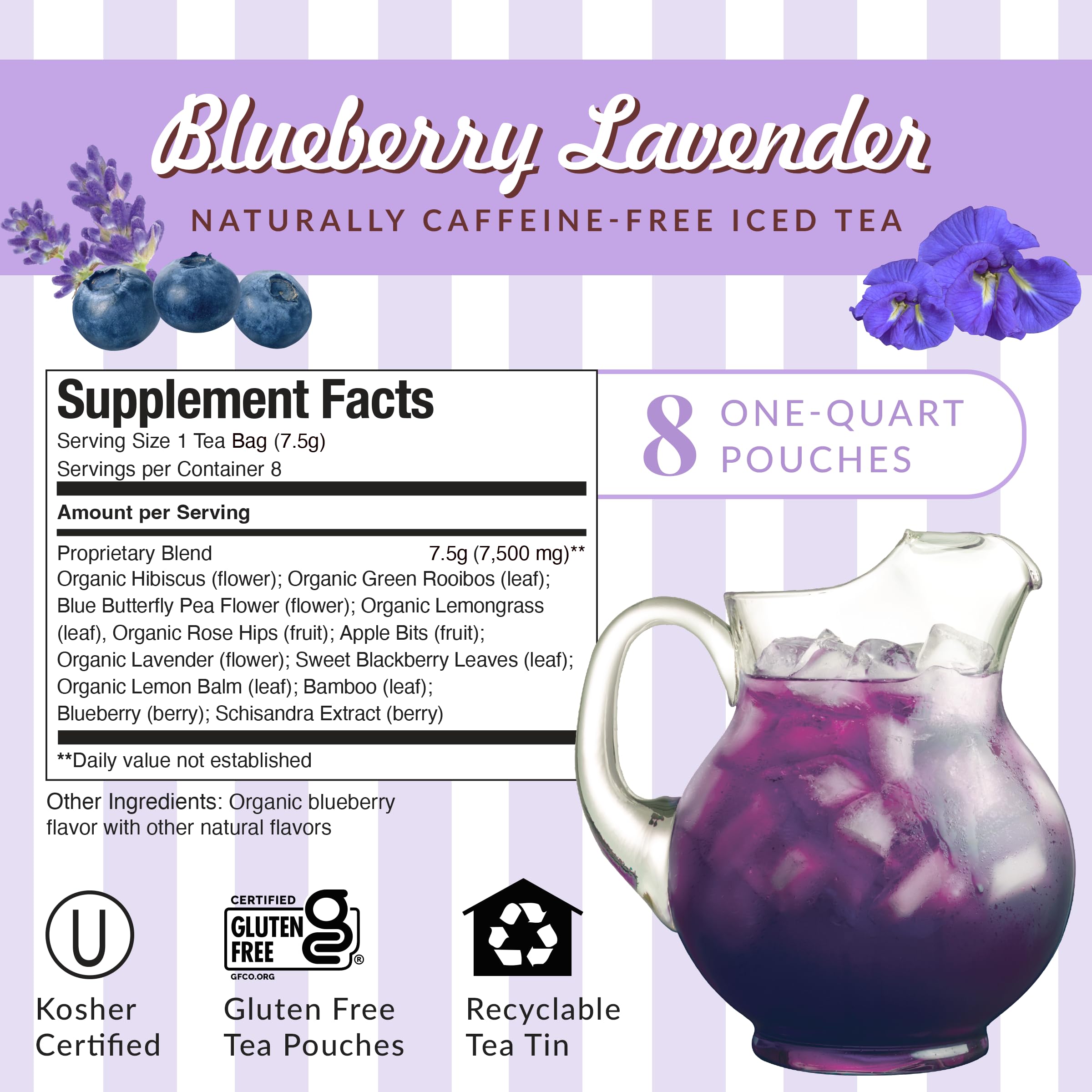 Pitcher of brewed Beauty Blueberry Lavender iced tea by The Republic of Tea chilled for serving