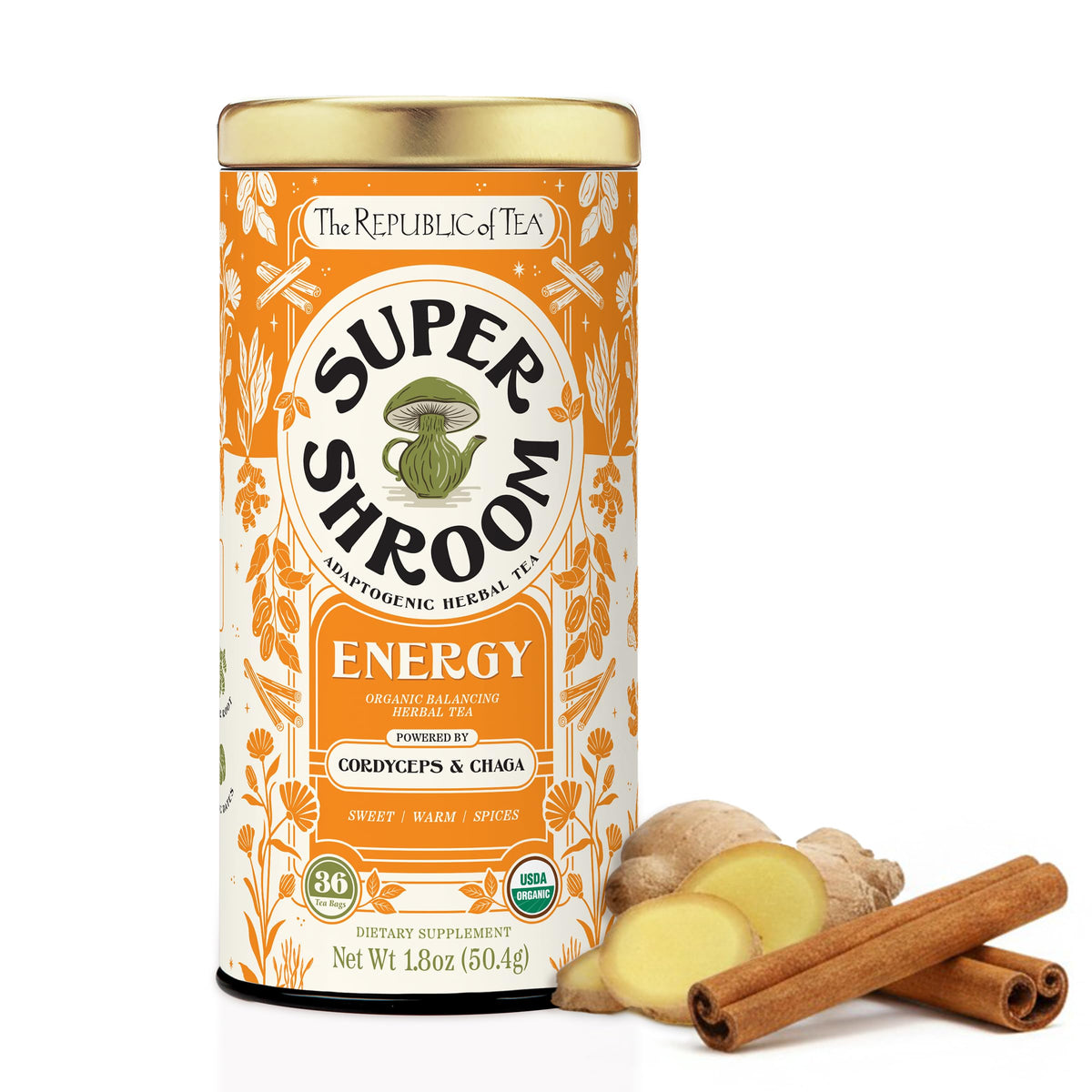 The Republic of Tea front box showing SuperShroom packaging and product identity