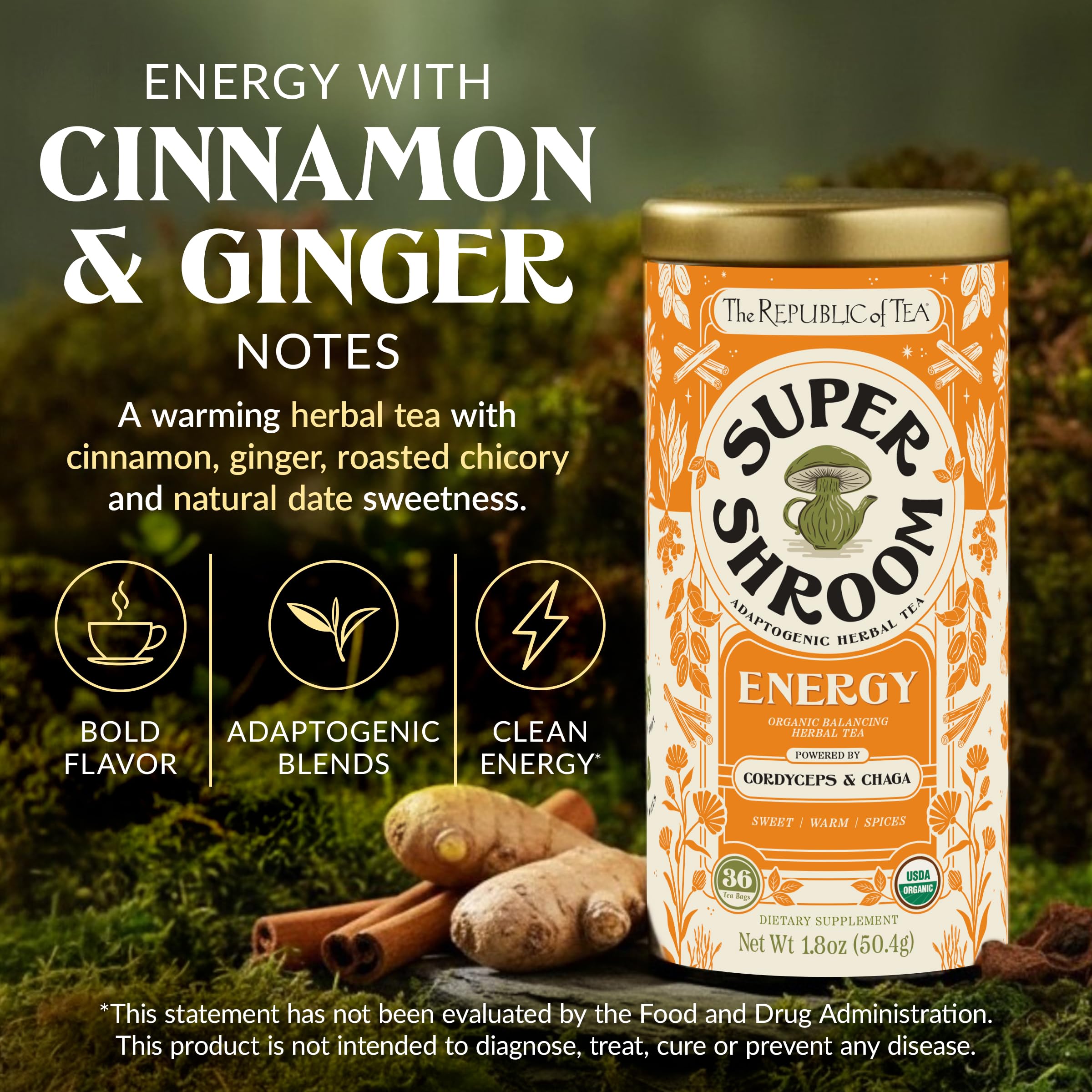 Arrangement of organic cordyceps, chaga, cinnamon and roasted chicory highlighting The Republic of Tea ingredients
