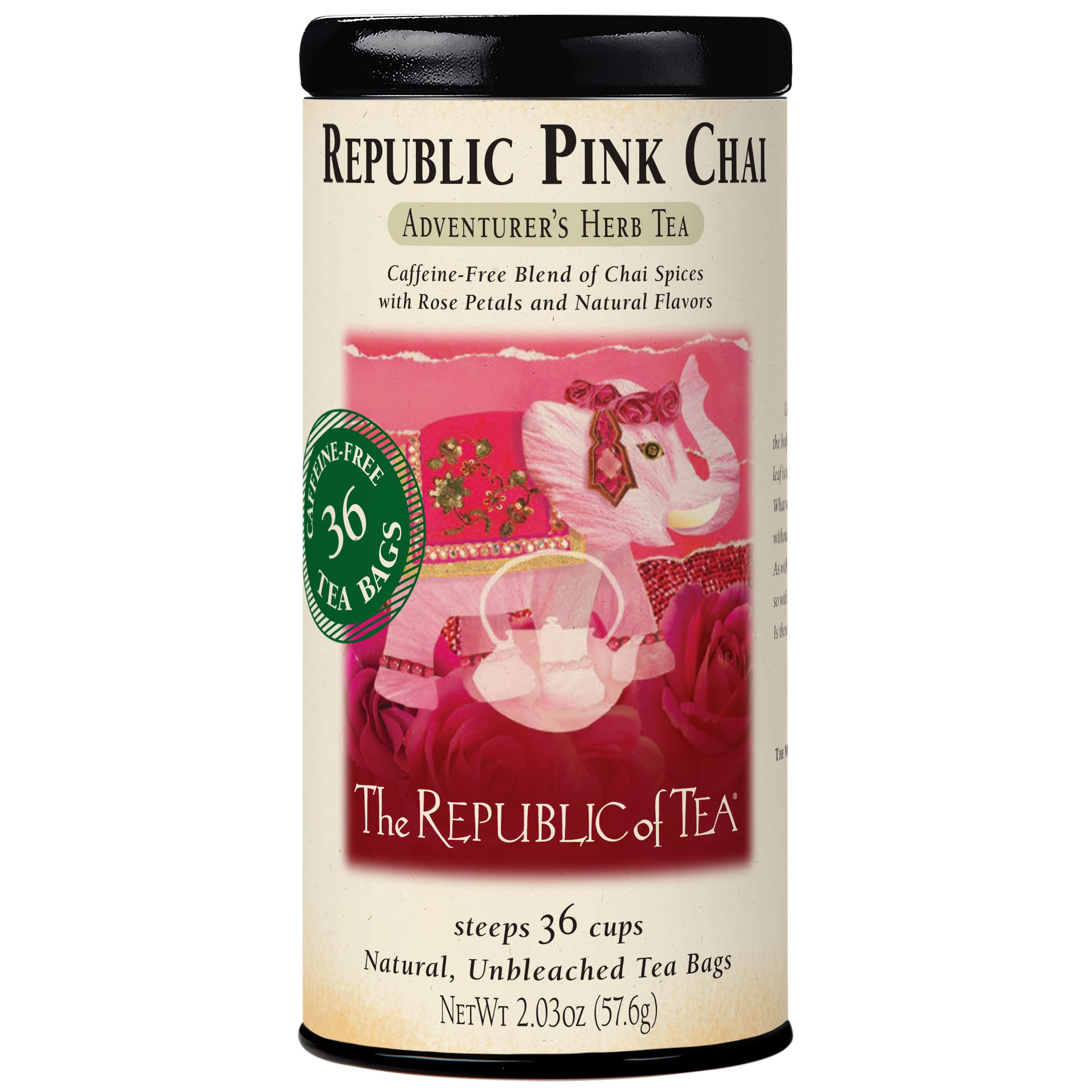 The Republic of Tea pink chai tin front view with clear branding and freshness benefit