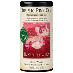 The Republic of Tea pink chai tin front view with clear branding and freshness benefit