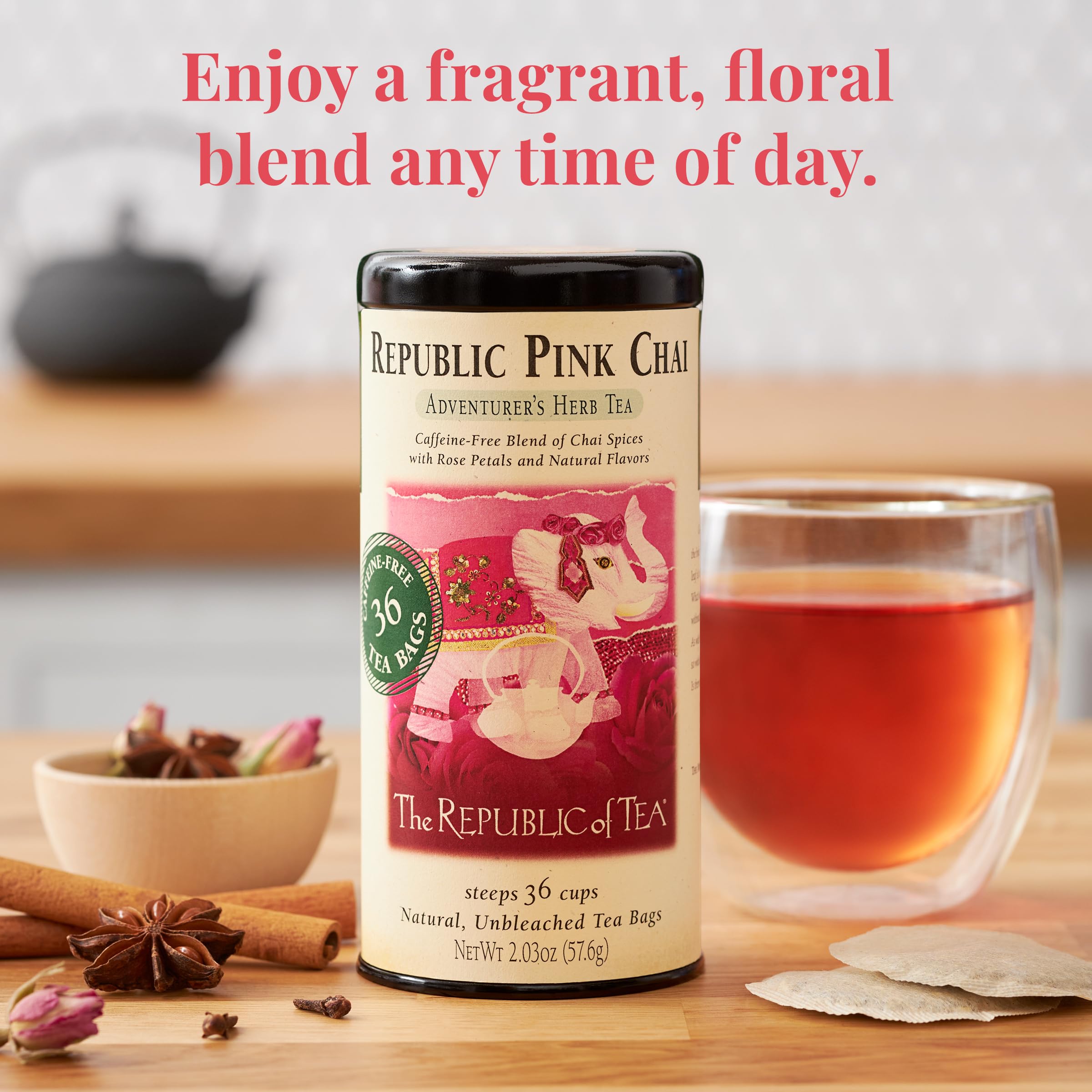 Macro view of Republic of Tea pink chai blend highlighting rose petals and spices for aroma