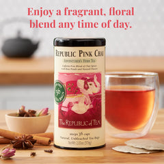Macro view of Republic of Tea pink chai blend highlighting rose petals and spices for aroma