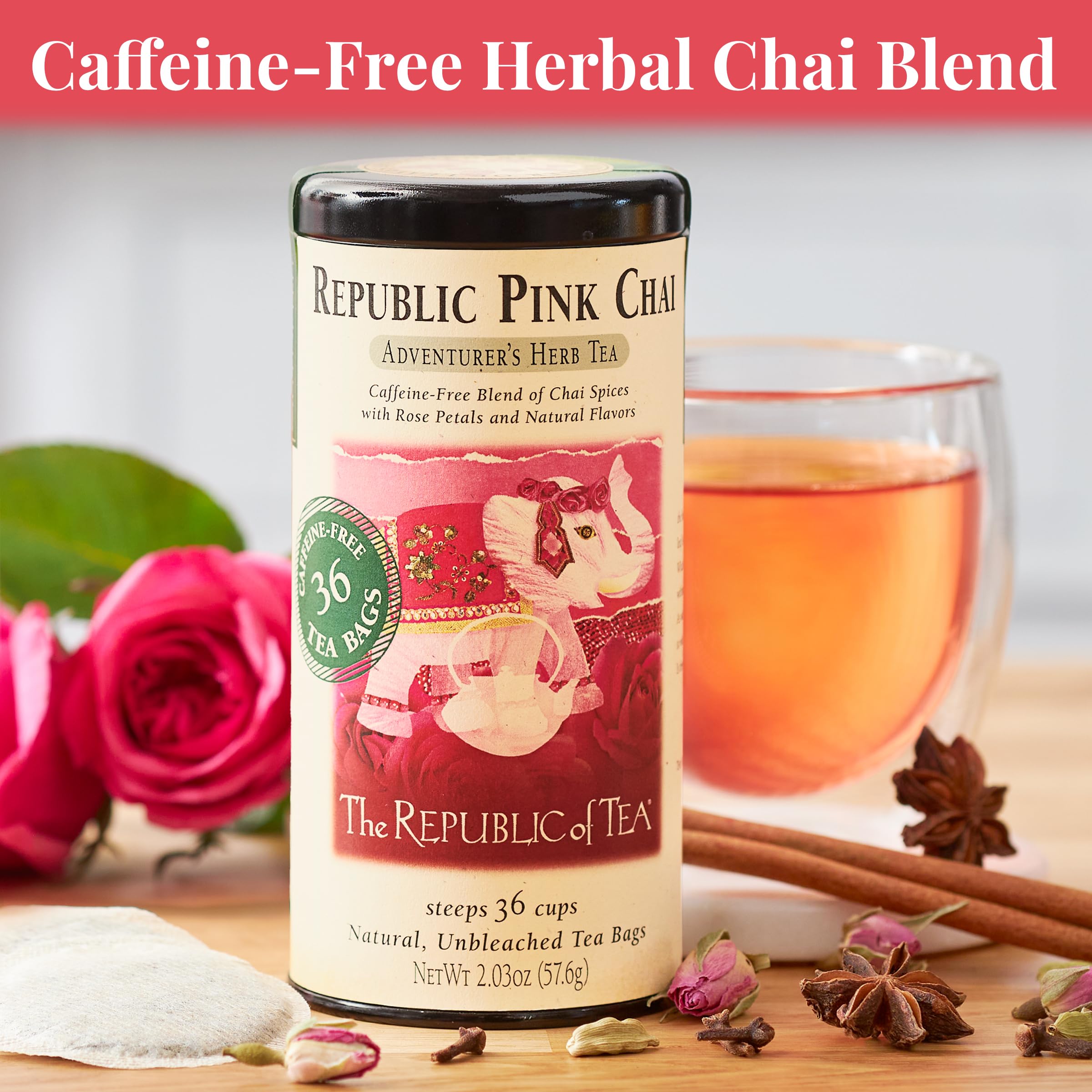 Close-up of a Republic of Tea pink chai tea bag showing tag and convenient use