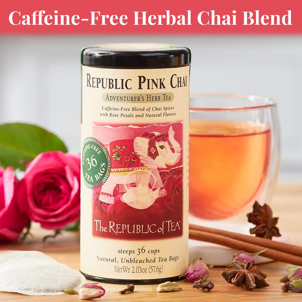Close-up of a Republic of Tea pink chai tea bag showing tag and convenient use