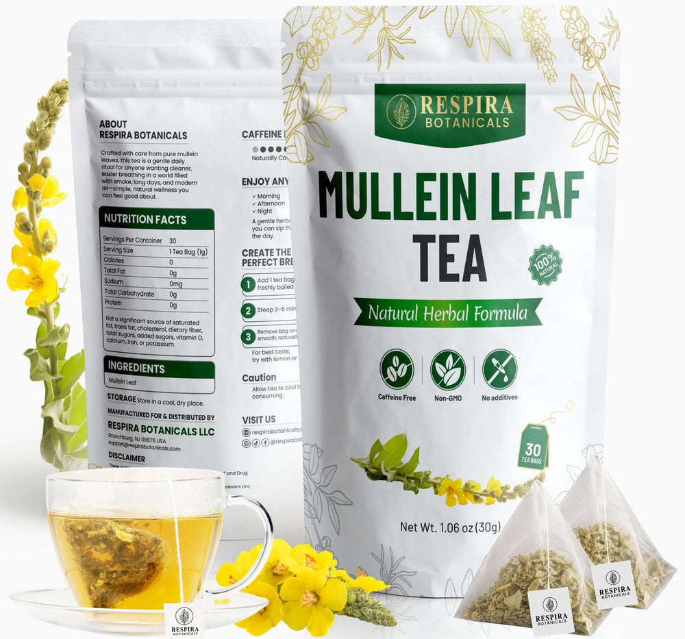 Respira Botanicals pouch label close-up listing pure mullein ingredient