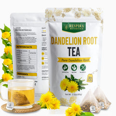 Respira Botanicals tea bag close-up displaying PLA fiber bag and cotton string for plastic-free steeping
