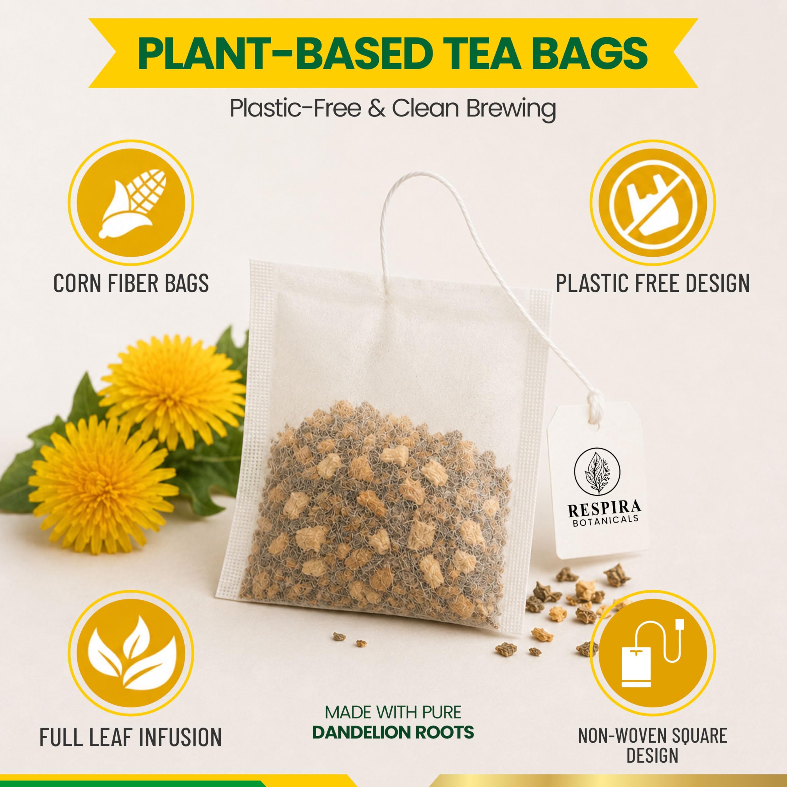 Respira Botanicals brewed dandelion root tea in cup offering warm roasted-earth flavor experience