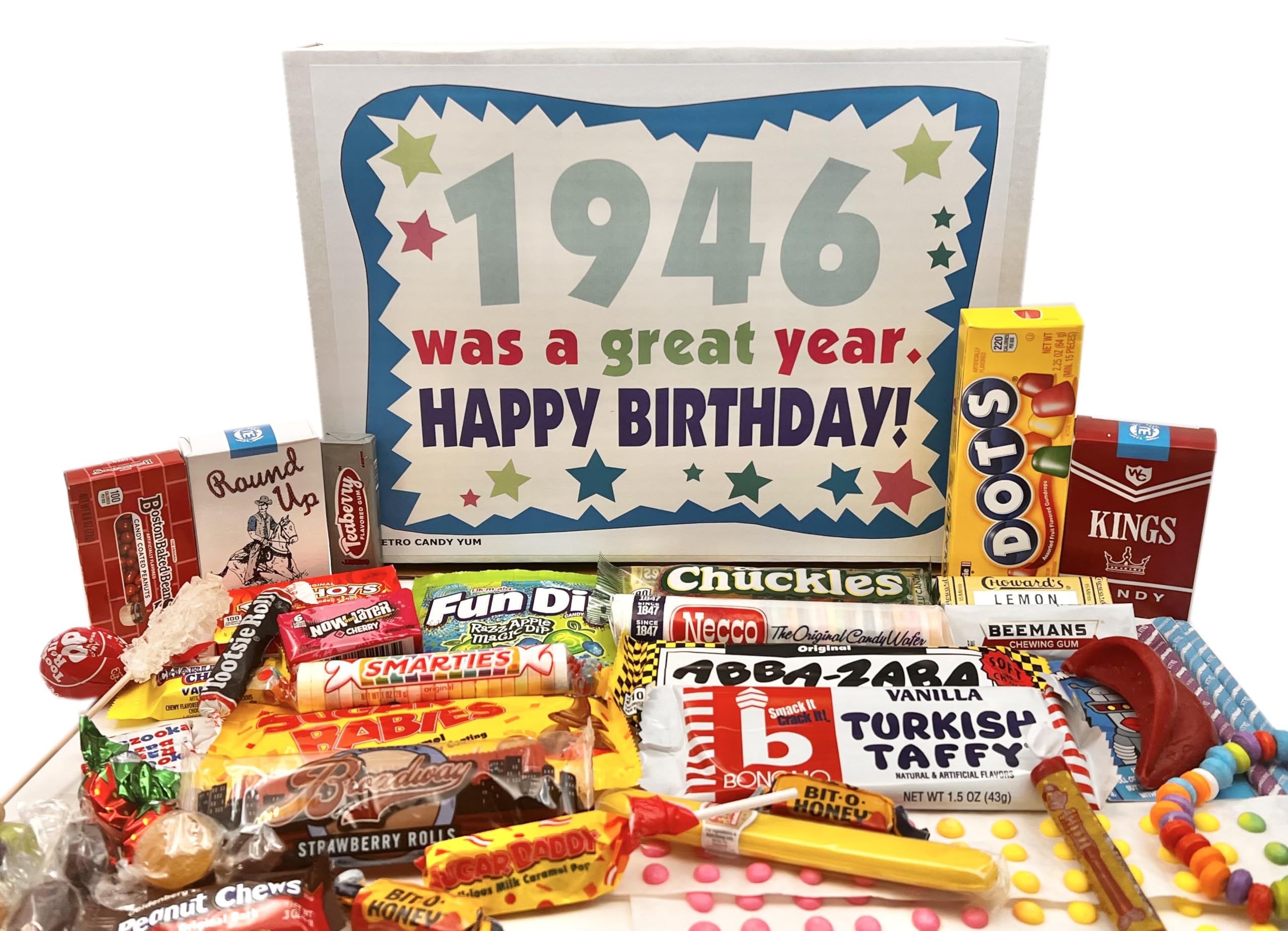 RETRO CANDY YUM front box with 1946 message showing celebratory gift appeal