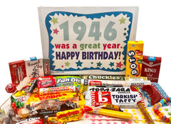 RETRO CANDY YUM front box with 1946 message showing celebratory gift appeal