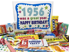 Retro Candy YUM front packaging showing 1956 birthday message and bright vintage design, perfect for gifting