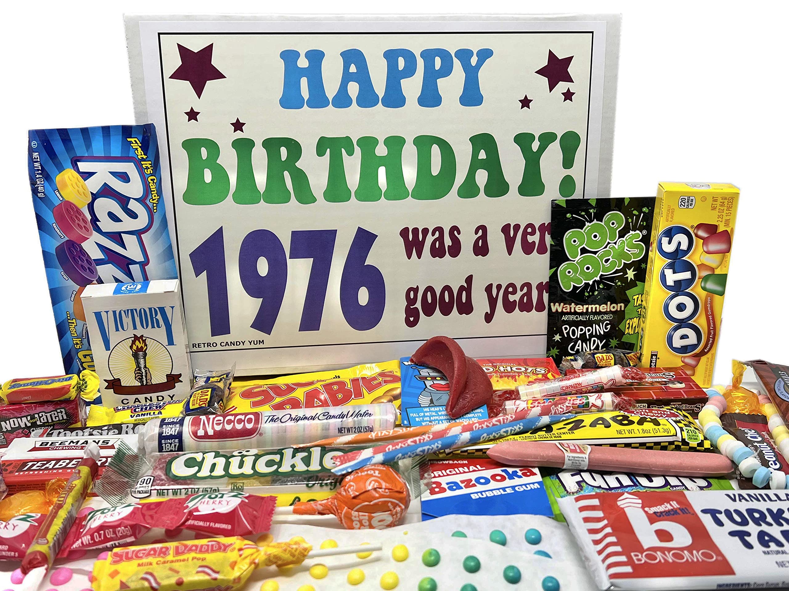RETRO CANDY YUM front packaging showing the 1976 50th birthday gift box and contents